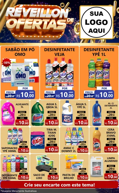 Modelo de Encarte para Encarte Grande com o tema Réveillon de Ofertas para Produtos de Limpeza
