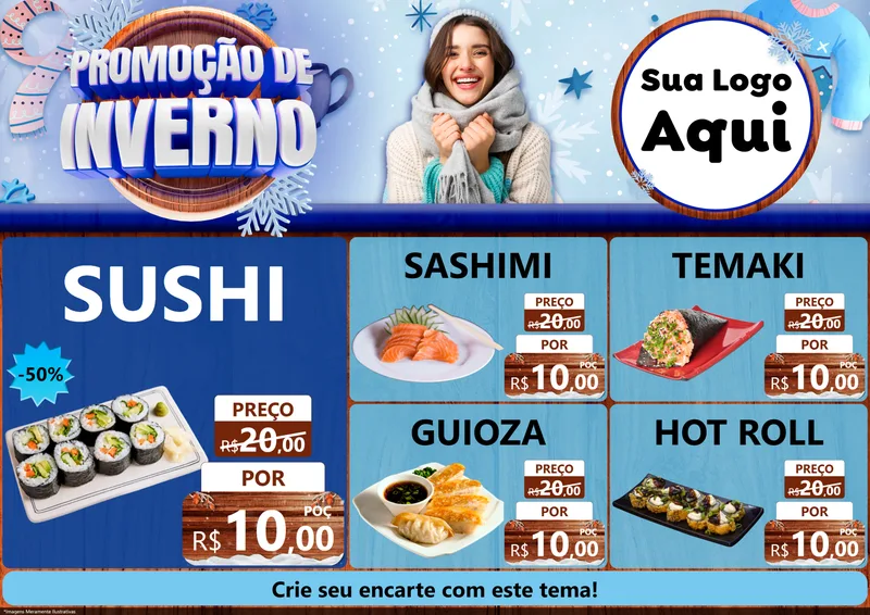 Modelo de Encarte para Encarte A4 Horizontal com o tema Promoção de Inverno para Comida japonesa