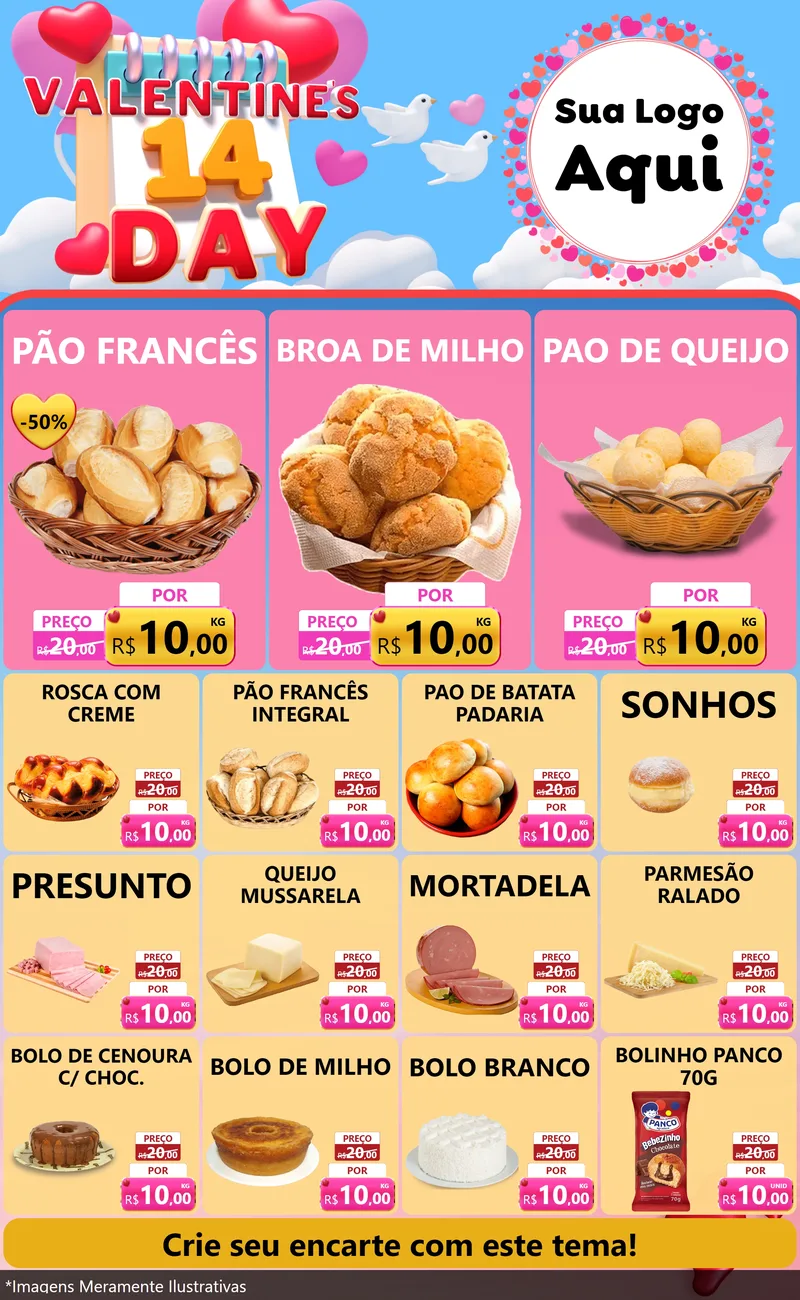 Modelo de Encarte para Encarte Grande com o tema Valentine's Day para Padaria