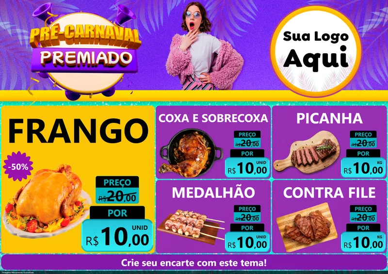 Modelo de Encarte para Encarte A4 Horizontal com o tema Pré-Carnaval Premiado para Assados