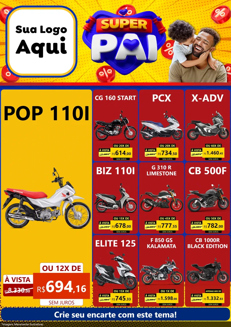Modelo de Encarte para Encarte A4 Vertical com o tema Super Pai para Concessionaria de Motos