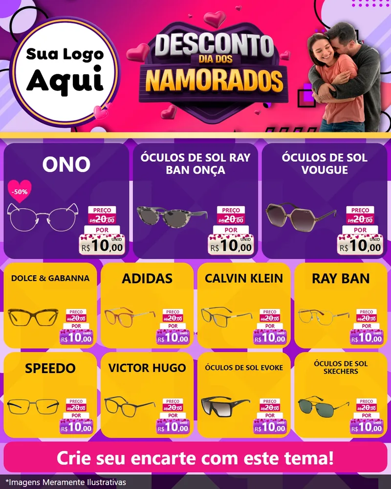 Modelo de Rede Social para Feed Instagram com o tema Desconto Dia dos Namorados para Óticas