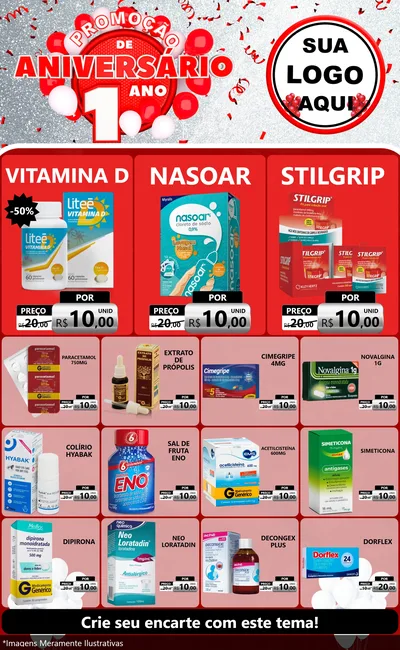 Modelo de Encarte para Encarte Grande com o tema Promoção de Aniversário - 1 Ano para Farmácia