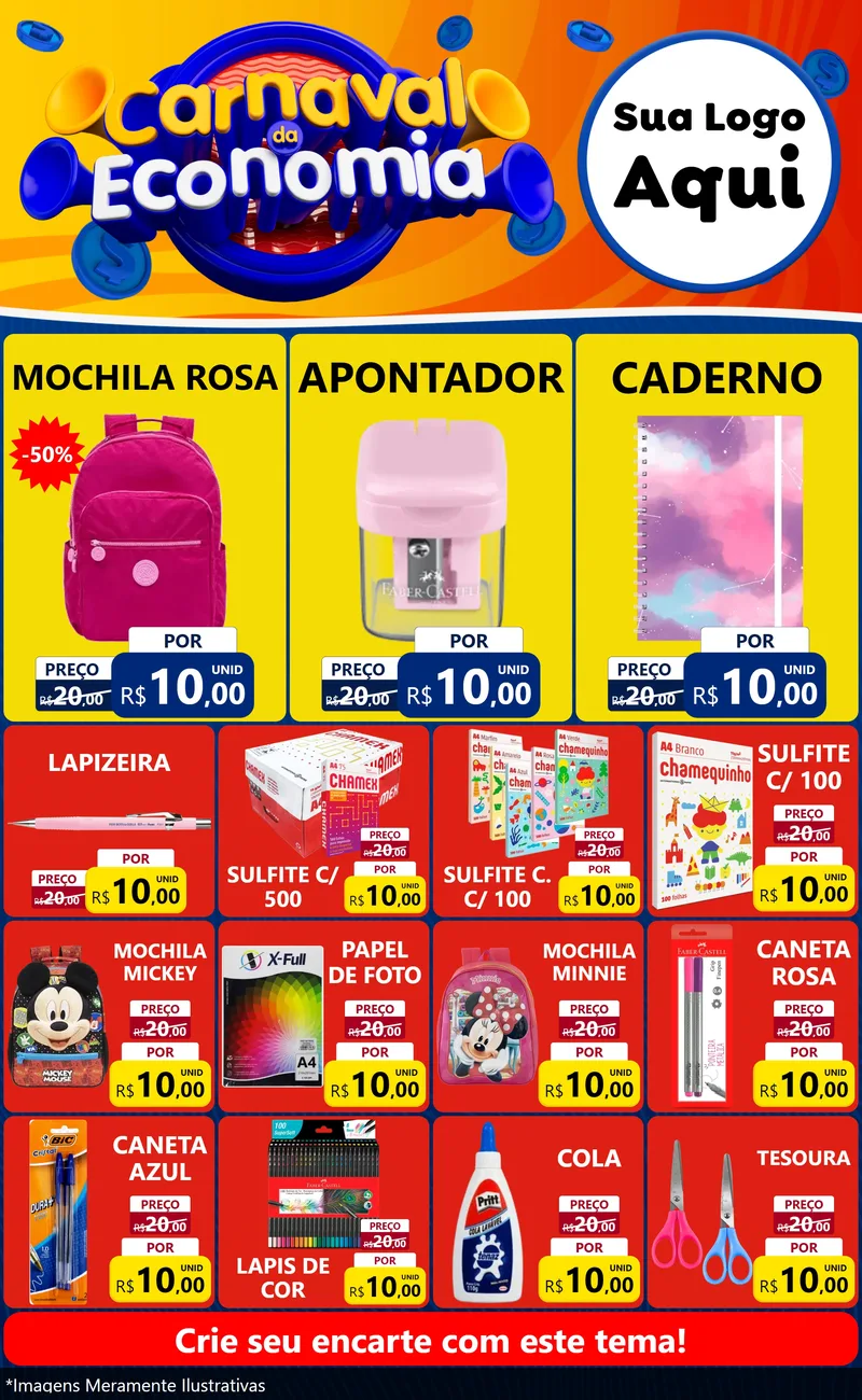 Modelo de Encarte para Encarte Grande com o tema Carnaval da Economia para Papelaria
