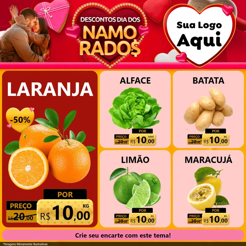 Modelo de Rede Social para Feed Facebook com o tema Descontos Dia dos Namorados para Hortifrúti