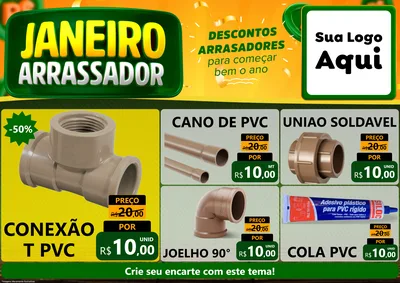 Modelo de Encarte para Encarte A4 Horizontal com o tema Janeiro Arrasador para Tubos e conexões