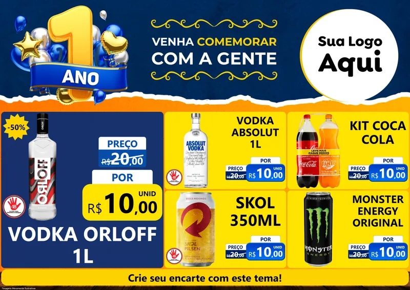 Modelo de Encarte para Encarte A4 Horizontal com o tema Um Ano de Aniversário para Distribuidora de bebidas