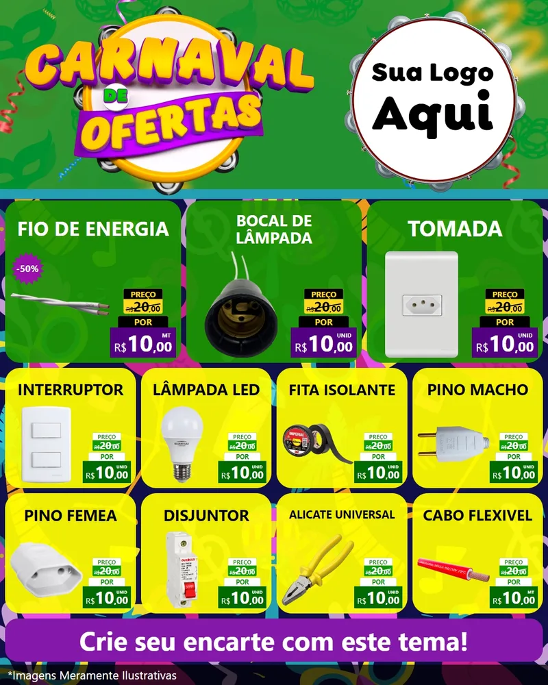 Modelo de Rede Social para Feed Instagram com o tema Carnaval de Ofertas para Materiais Elétricos