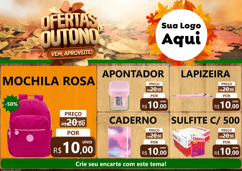 Modelo de Encarte para Encarte A4 Horizontal com o tema Ofertas de Outono - Vem, Aproveite! para Papelaria