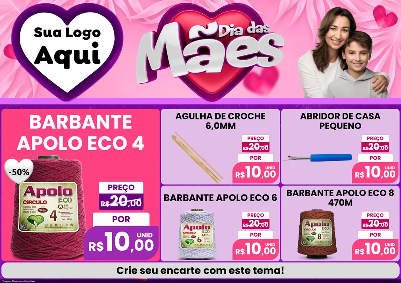 Modelo de Encarte para Encarte A4 Horizontal com o tema Dia das Mães para Armarinho e Aviamentos