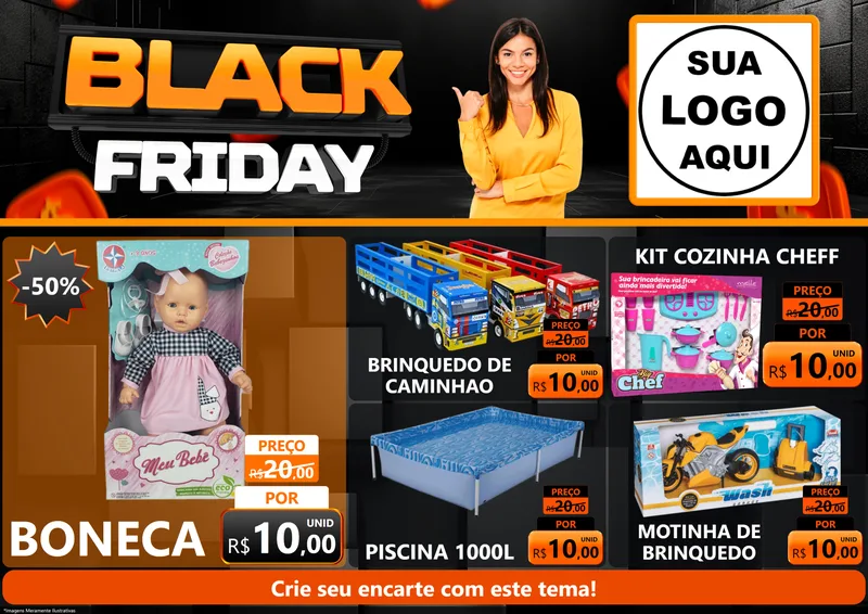 Modelo de Encarte para Encarte A4 Horizontal com o tema Black Friday para Brinquedos