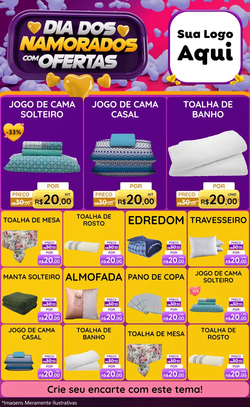 Modelo de Encarte para Encarte Grande com o tema Dia Dos Namorados Com Ofertas para Cama, Mesa e Banho