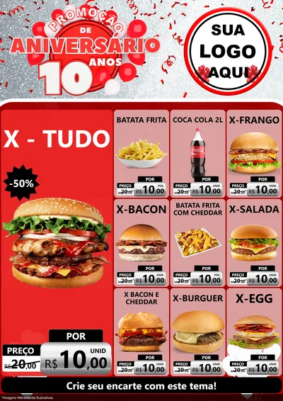 Modelo de Encarte para Encarte A4 Vertical com o tema Promoção de Aniversário - 10 Anos para Hamburgueria