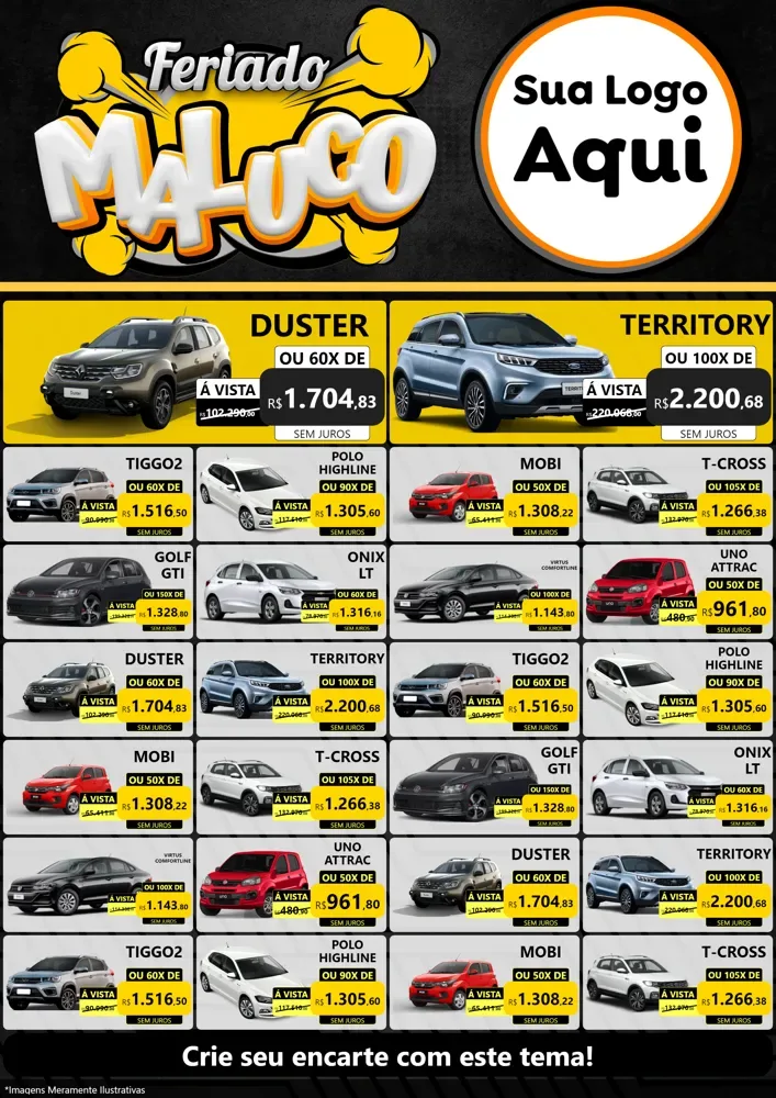 Modelo de Encarte para Encarte A4 Vertical com o tema Feriado Maluco para Concessionaria de Carros
