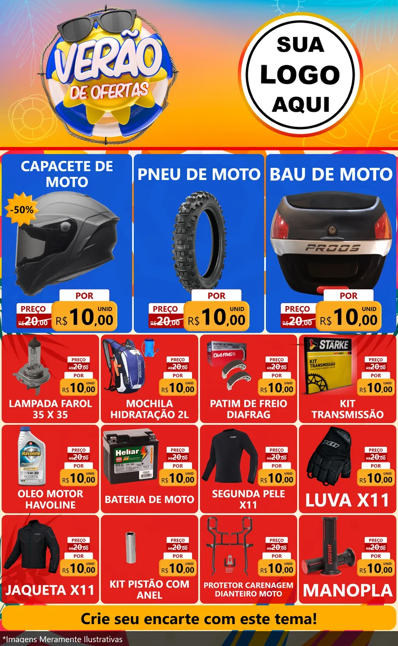 Modelo de Encarte para Encarte Grande com o tema Verão de Ofertas para Moto peças