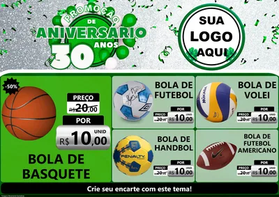Modelo de Encarte para Encarte A4 Horizontal com o tema Promoção de Aniversário - 30 Anos para Artigos Esportivos