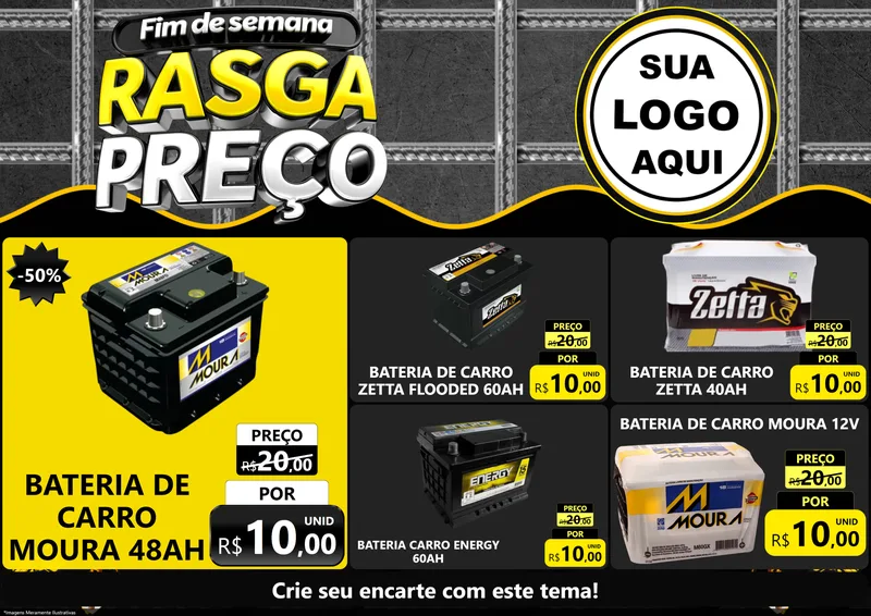 Modelo de Encarte para Encarte A4 Horizontal com o tema Fim de Semana Rasga Preço para Baterias Elétricas