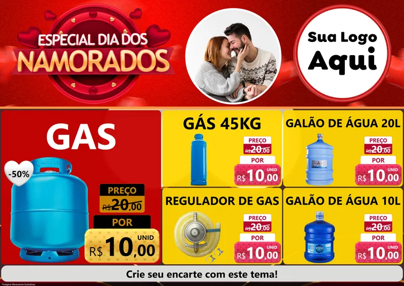 Modelo de Encarte para Encarte A4 Horizontal com o tema Especial Dia Dos Namorados para Água e gás
