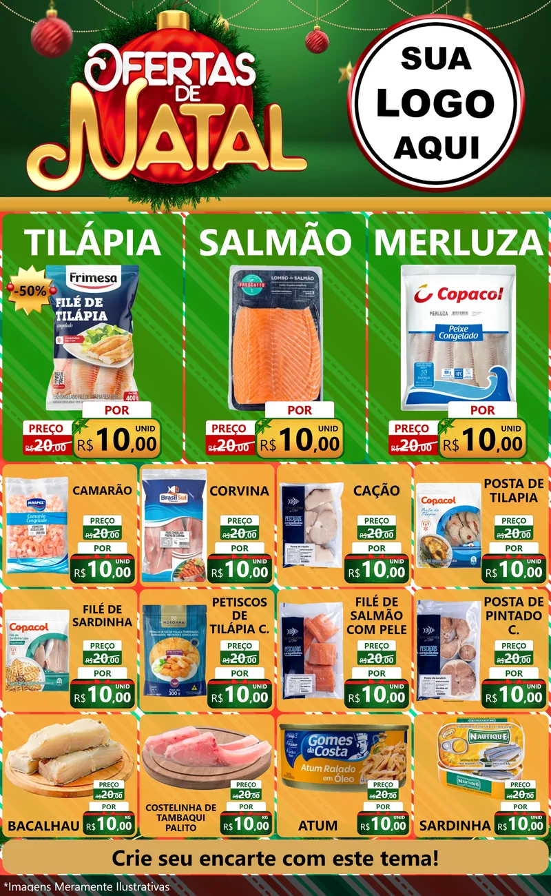 Modelo de Encarte para Encarte Grande com o tema Ofertas de Natal para Peixaria