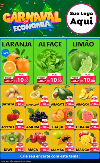 Modelo de Encarte para Encarte Grande com o tema Carnaval da Economia para Hortifrúti