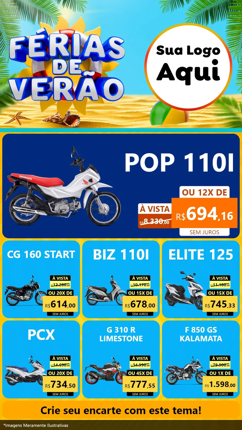 Modelo de Rede Social para Stories com o tema Férias de Verão para Concessionaria de Motos
