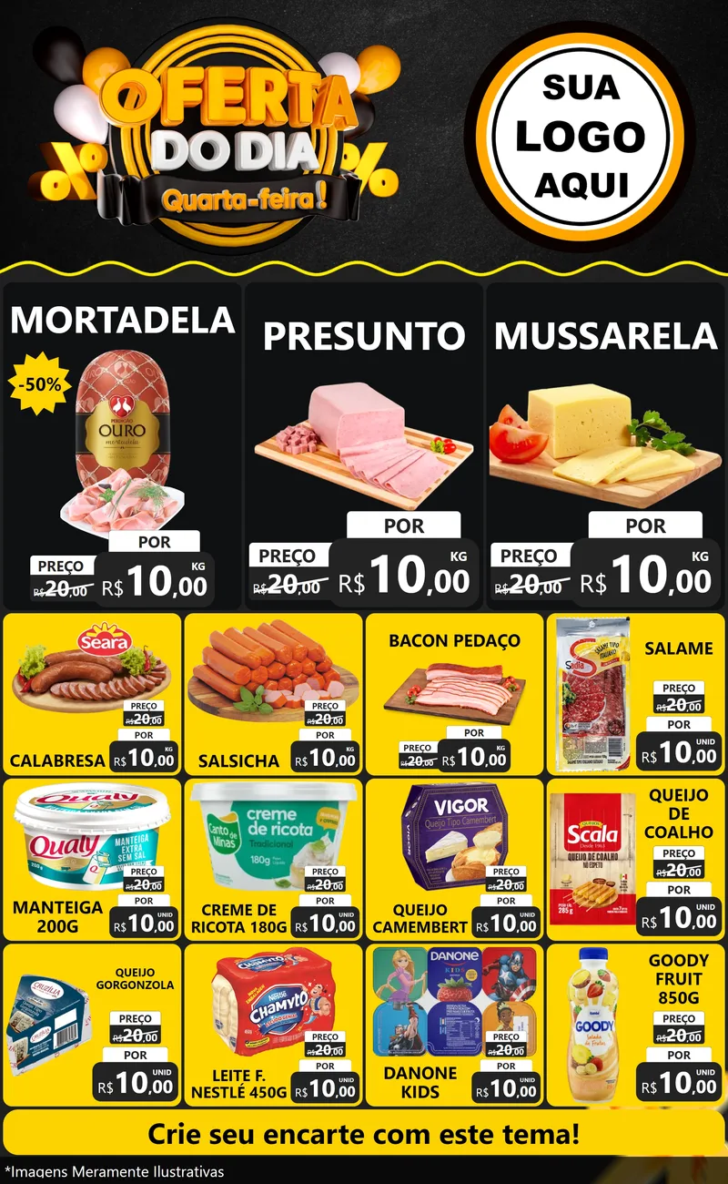 Modelo de Encarte para Encarte Grande com o tema Oferta do Dia - Quarta Feira! para Frios e Laticínios