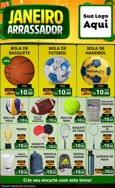 Modelo de Encarte para Encarte Grande com o tema Janeiro Arrasador para Artigos Esportivos