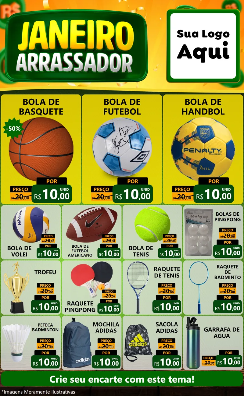 Modelo de Encarte para Encarte Grande com o tema Janeiro Arrasador para Artigos Esportivos