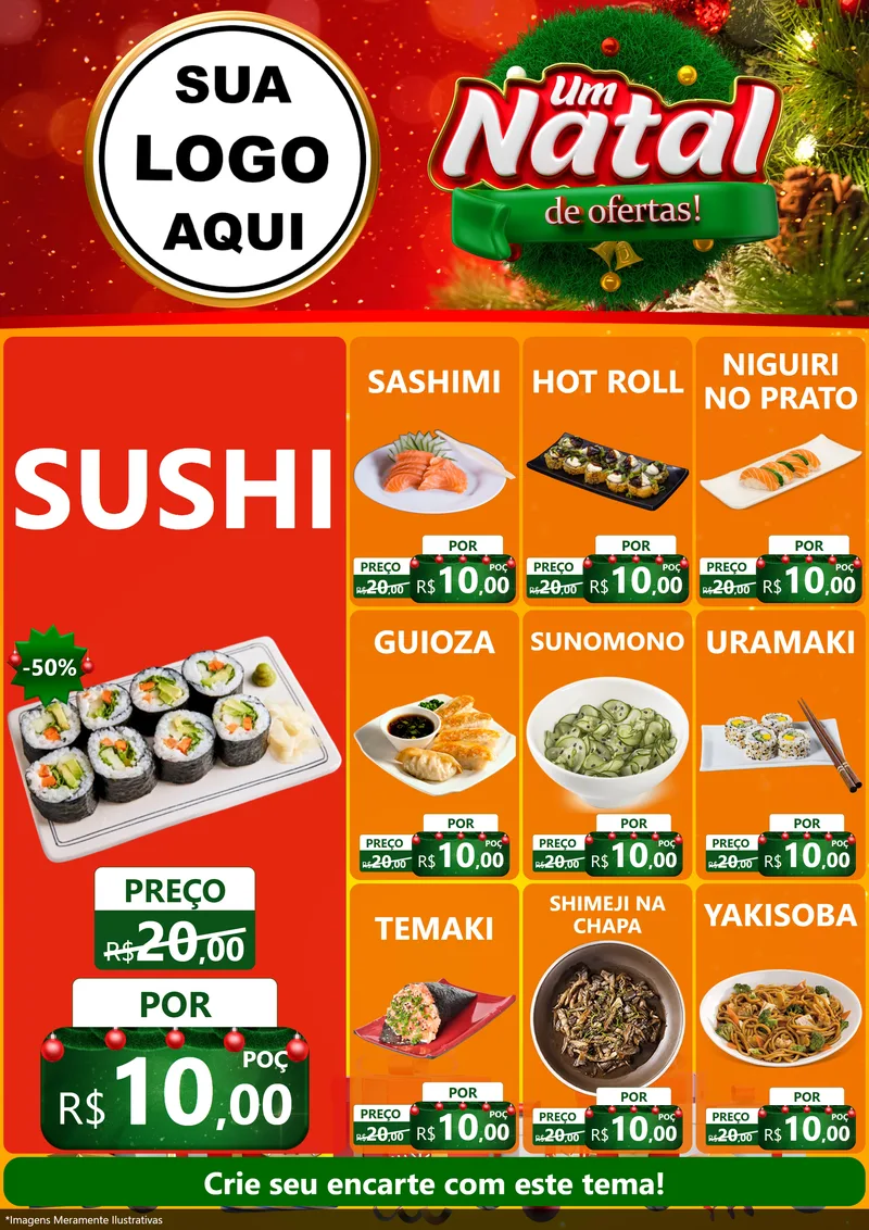 Modelo de Encarte para Encarte A4 Vertical com o tema Um Natal de Ofertas para Comida japonesa