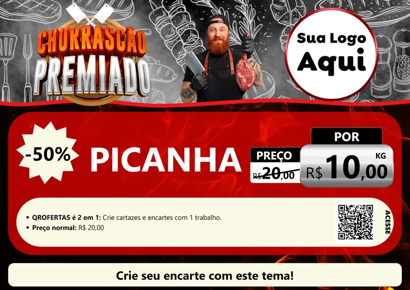 Modelo de Cartaz para Cartaz A4 Horizontal com o tema Churrascão Premiado para Açougue