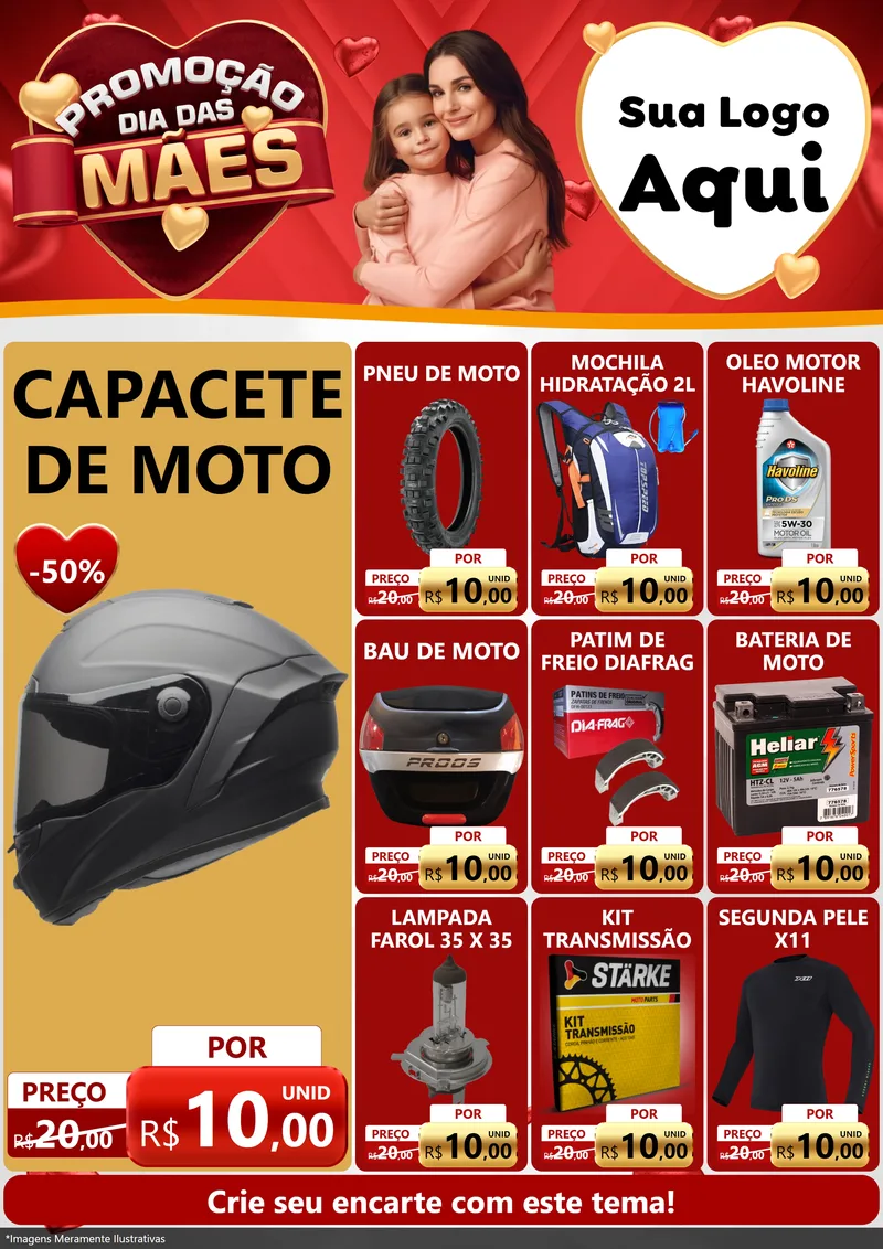 Modelo de Encarte para Encarte A4 Vertical com o tema Promoção Dia das Mães para Moto peças