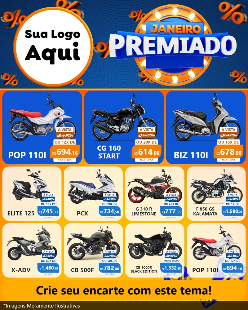 Modelo de Rede Social para Feed Instagram com o tema Janeiro Premiado para Concessionaria de Motos