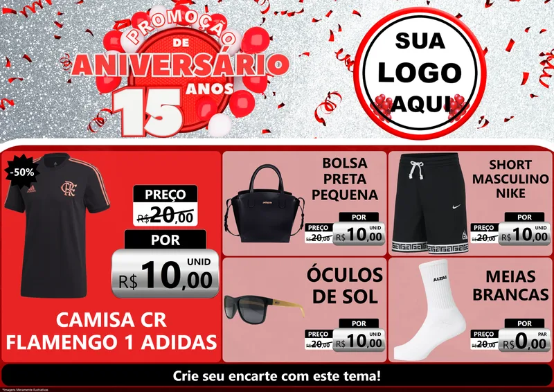 Modelo de Encarte para Encarte A4 Horizontal com o tema Promoção de Aniversário - 15 Anos para Roupas e acessórios