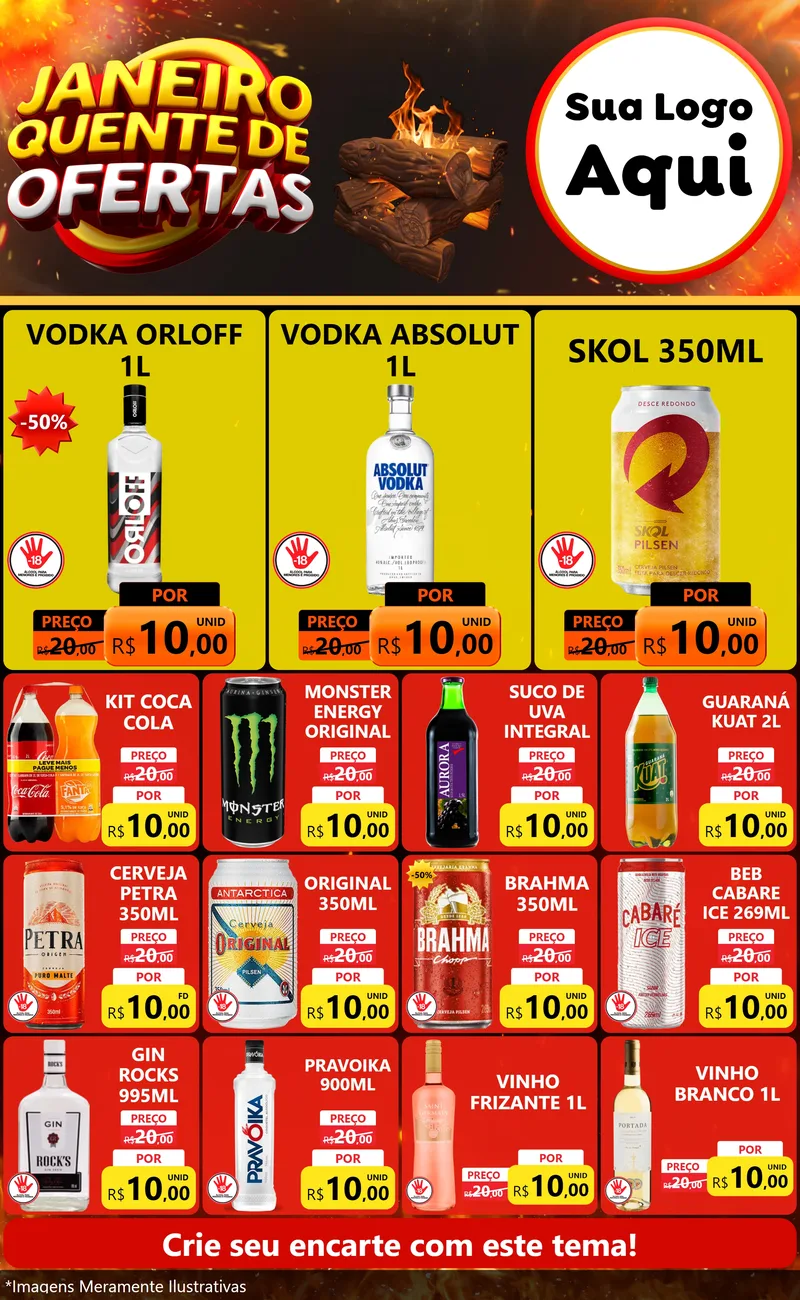 Modelo de Encarte para Encarte Grande com o tema Janeiro Quente de Ofertas para Distribuidora de bebidas