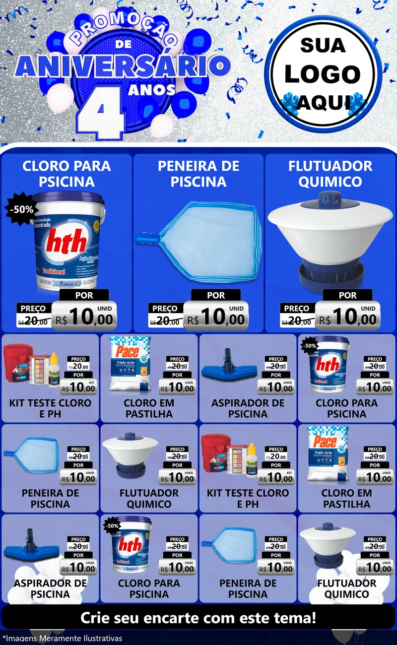 Modelo de Encarte para Encarte Grande com o tema Promoção de Aniversário - 4 Anos para Produtos para Piscina