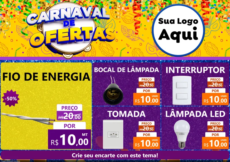 Modelo de Encarte para Encarte A4 Horizontal com o tema Carnaval de Ofertas para Materiais Elétricos