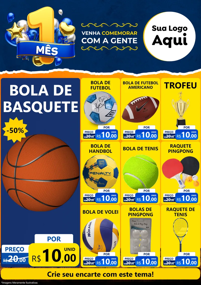 Modelo de Encarte para Encarte A4 Vertical com o tema Um Mês de Aniversário para Artigos Esportivos