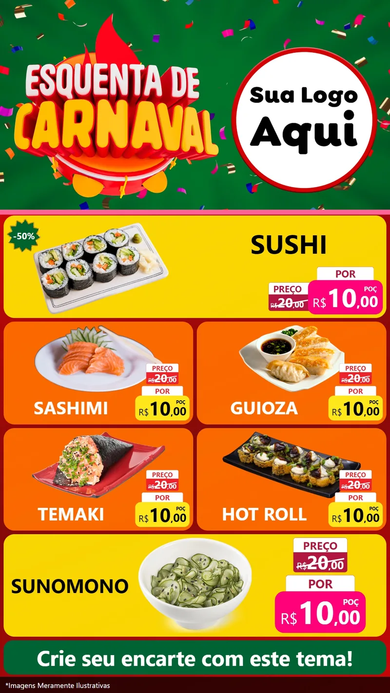 Modelo de TV para TV Vertical com o tema Esquenta de Carnaval para Comida japonesa
