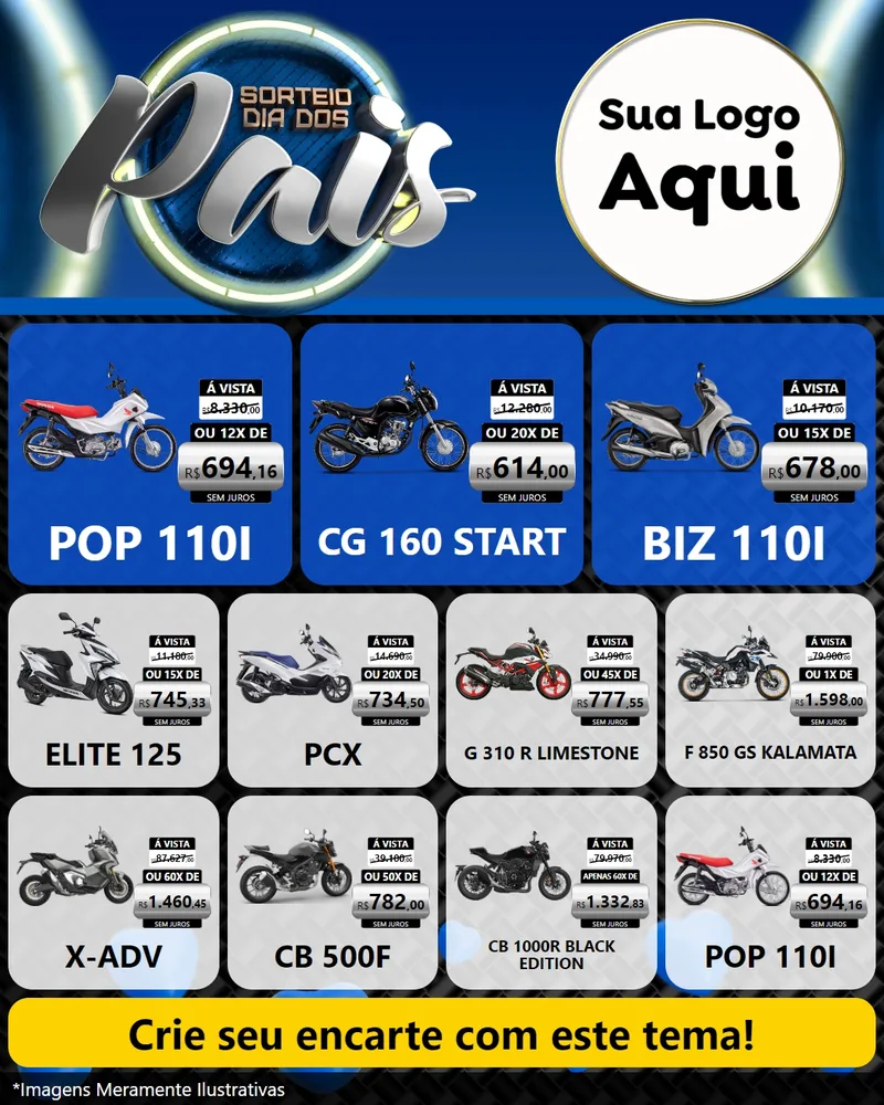 Modelo de Rede Social para Feed Instagram com o tema Sorteio Dia Dos Pais para Concessionaria de Motos