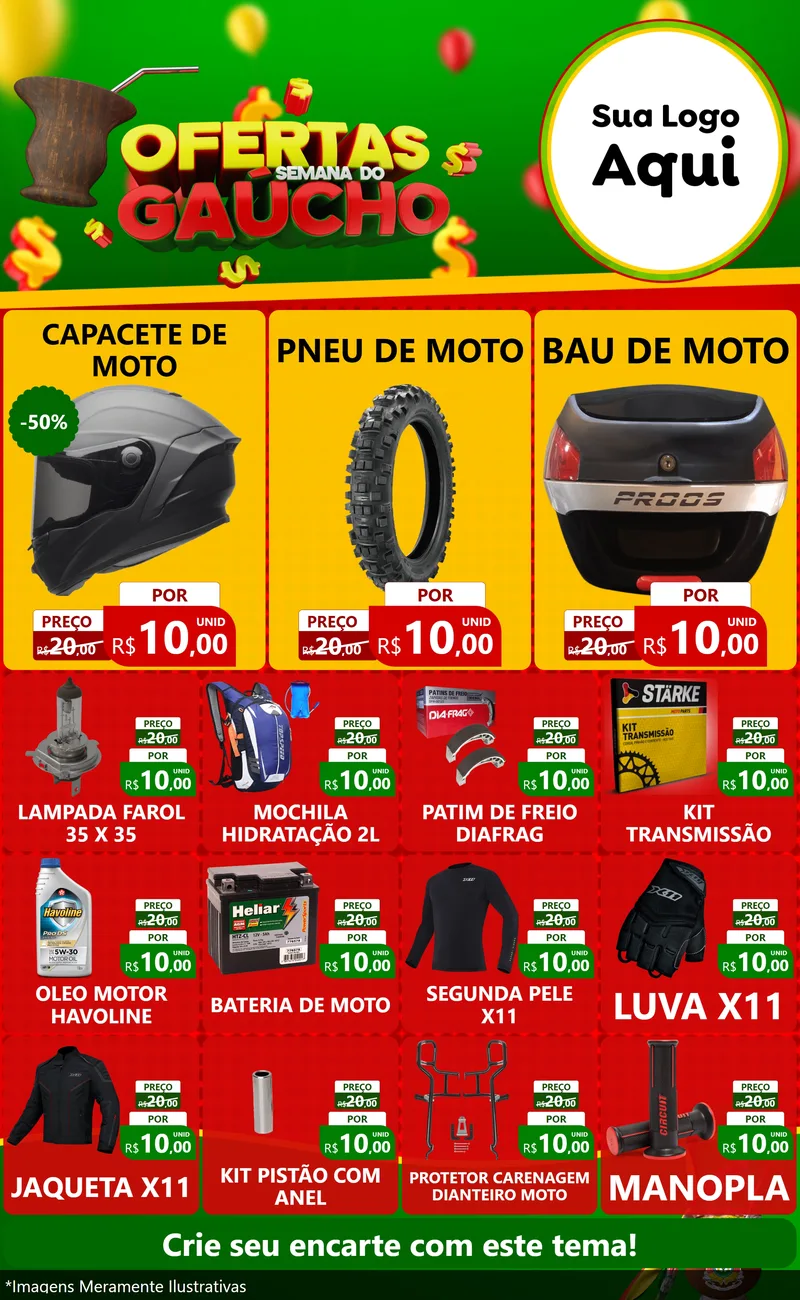 Modelo de Encarte para Encarte Grande com o tema Ofertas Semana Do Gaúcho para Moto peças