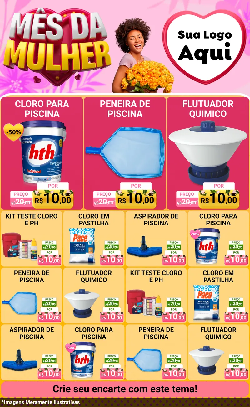 Modelo de Encarte para Encarte Grande com o tema Mês da Mulher para Produtos para Piscina