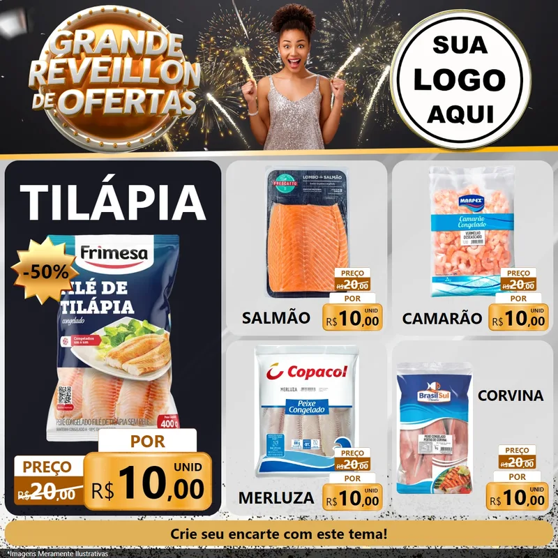 Modelo de Rede Social para Feed Facebook com o tema Grande Réveillon de Ofertas para Peixaria