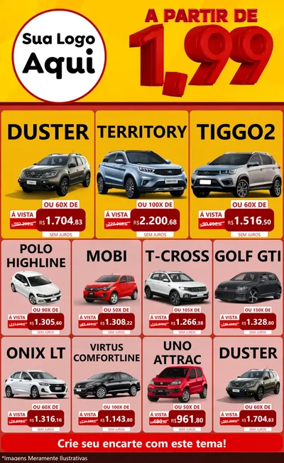 Modelo de Encarte para Encarte Grande com o tema A Partir de Um e Noventa e Nove - 1,99 para Concessionaria de Carros