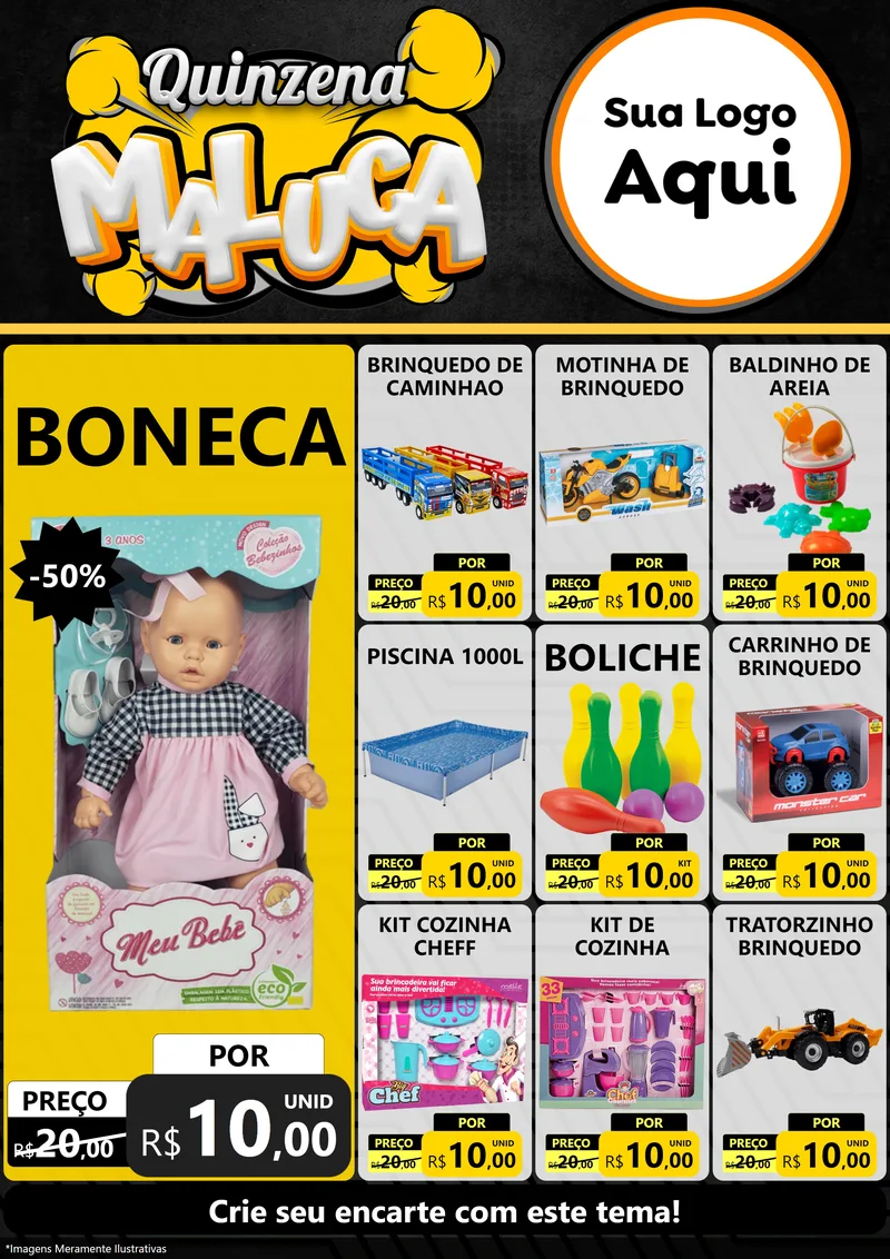 Modelo de Encarte para Encarte A4 Vertical com o tema Quinzena Maluca para Brinquedos