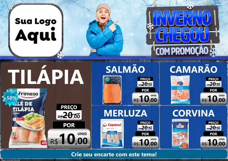 Modelo de Encarte para Encarte A4 Horizontal com o tema Inverno Chegou Com Promoção para Peixaria