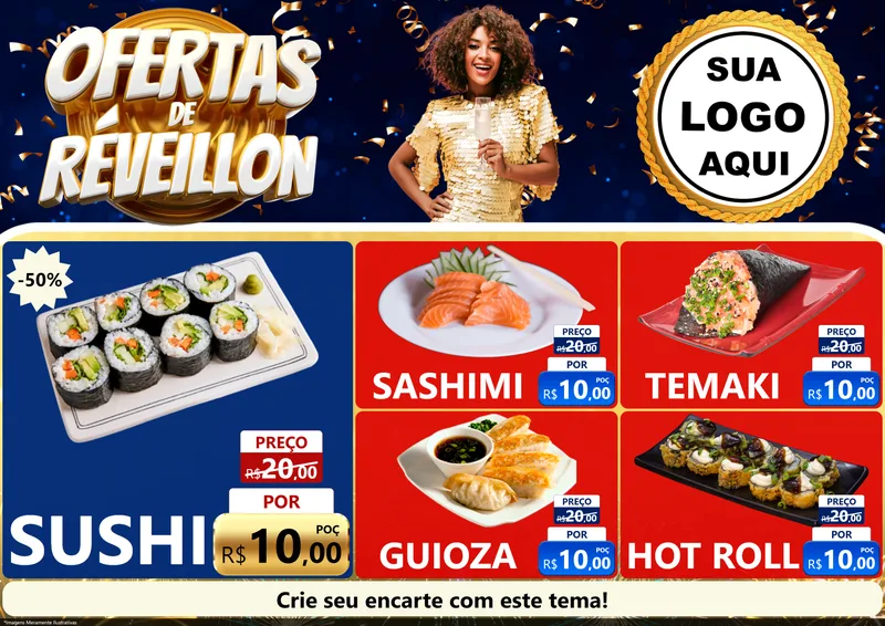 Modelo de Encarte para Encarte A4 Horizontal com o tema Ofertas de Réveillon para Comida japonesa