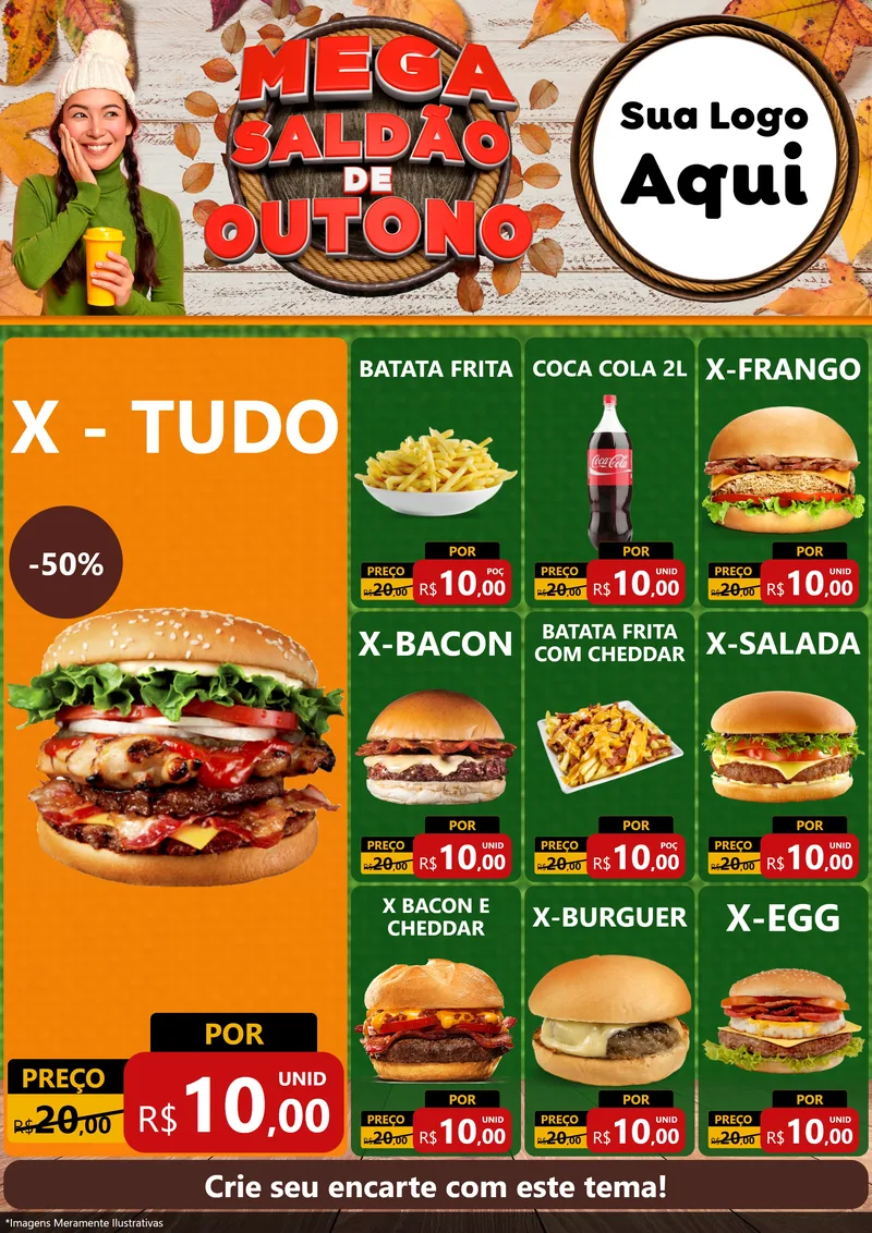 Modelo de Encarte para Encarte A4 Vertical com o tema Mega Saldão de Outono para Hamburgueria