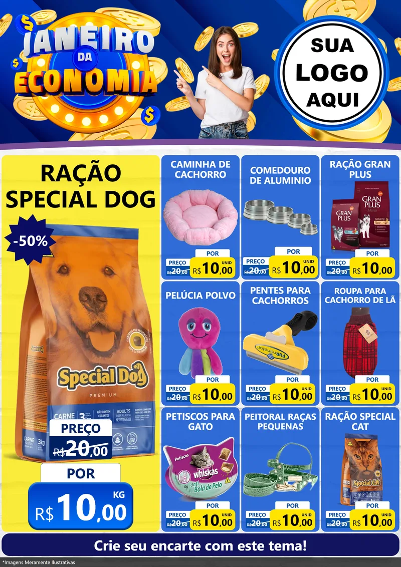 Modelo de Encarte para Encarte A4 Vertical com o tema Janeiro da Economia para Pet Shop