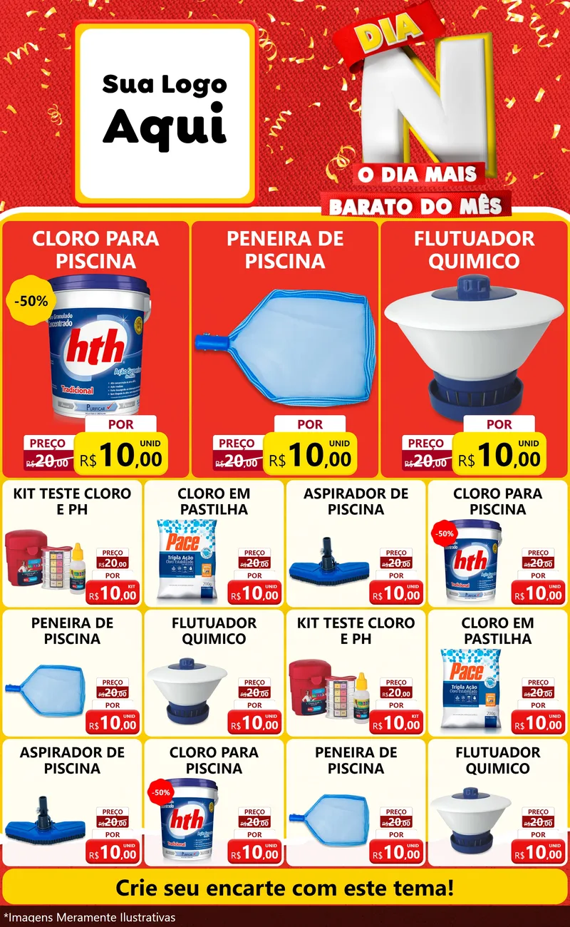 Modelo de Encarte para Encarte Grande com o tema Dia N o Dia Mais Barato do Mês para Produtos para Piscina