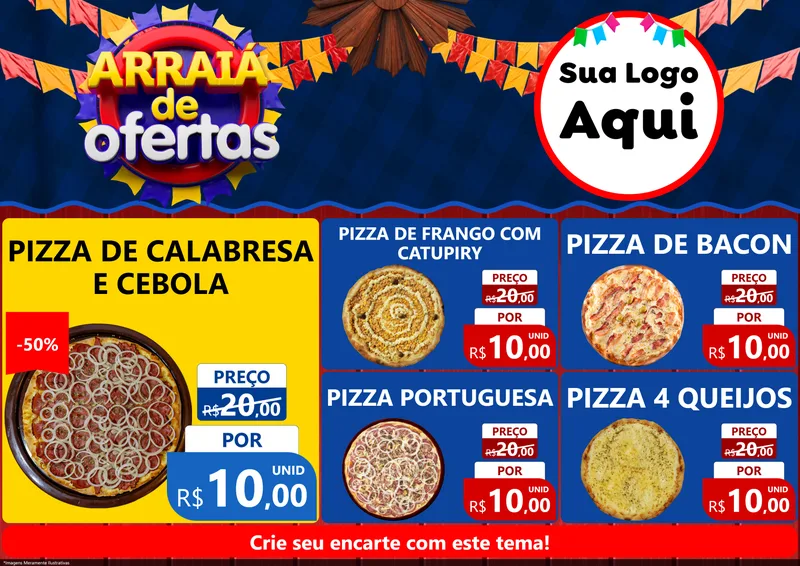 Modelo de Encarte para Encarte A4 Horizontal com o tema Arraiá de Ofertas para Pizzaria